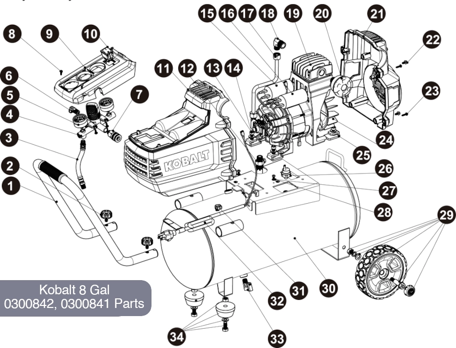 Kobalt 8 Gal Air Compressor Parts Diagram - 0300842, 0300841 