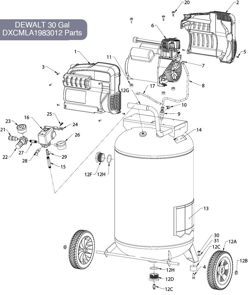 DEWALT 30 Gal Air Compressor  DXCMLA1983012 Parts Diagram